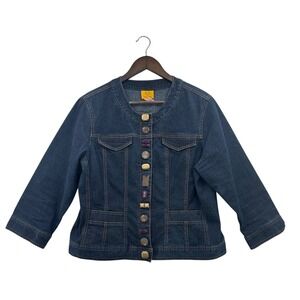 Ruby Rd Womens Blue Denim Jacket Dark Wash Snap Front Decorative Buttons Size 14